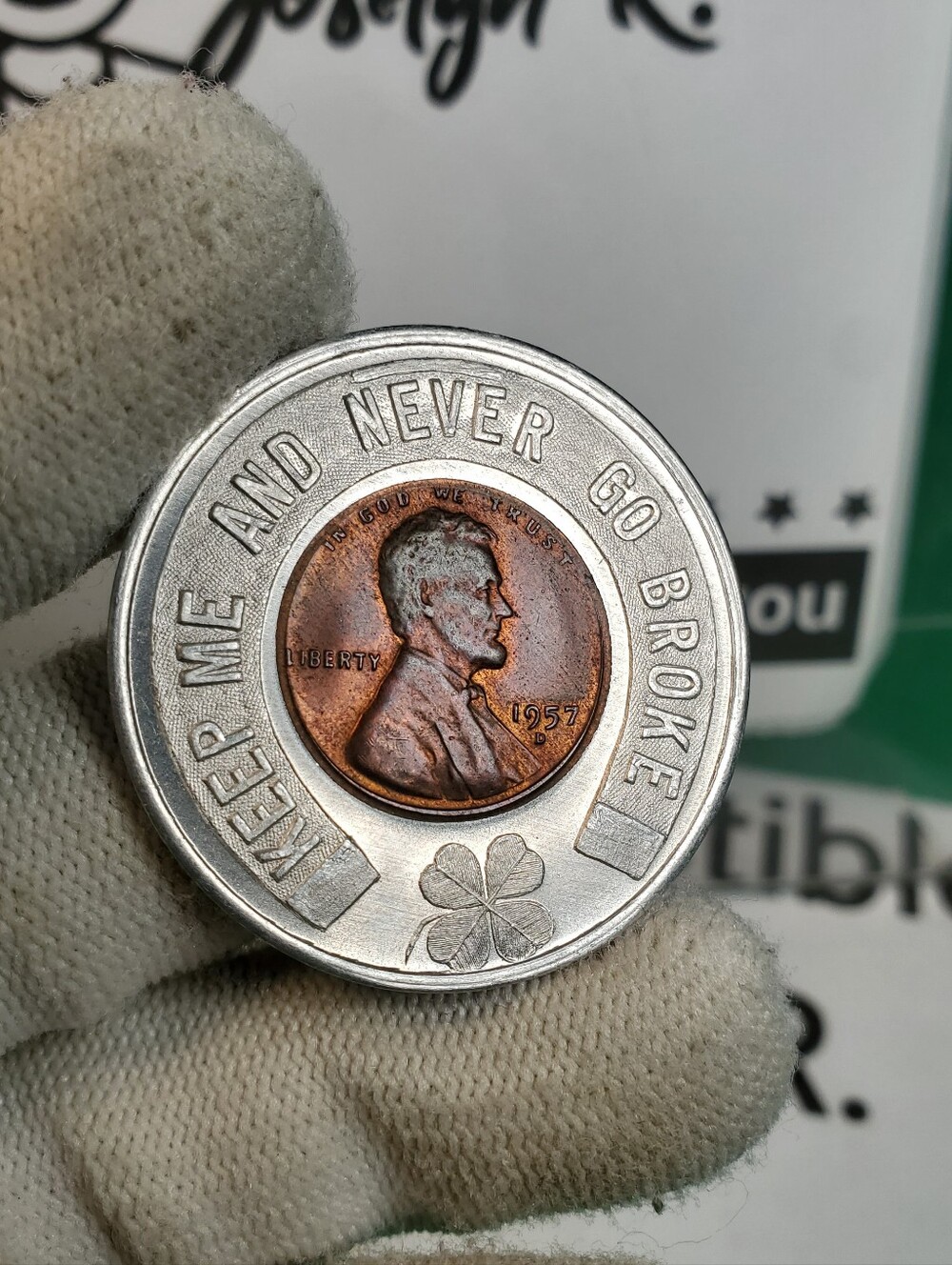 Encased 1957 lucky wheat cent, good Luck advertising token